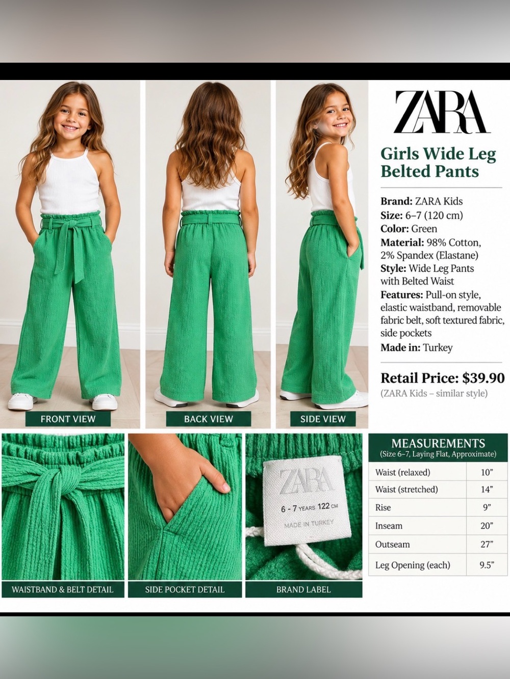 Zara Kids Bright Green Ribbed Wide-Leg Pants with Tie Waist, Size 6-7